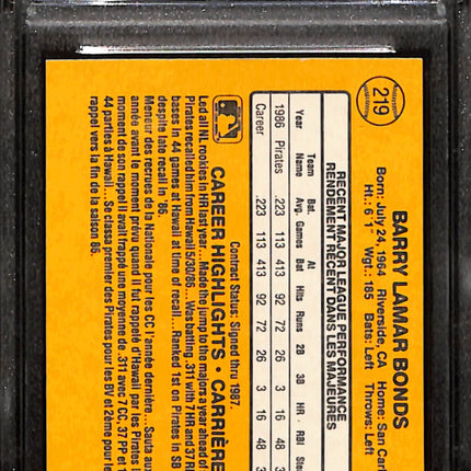 1987 Leaf Barry Bonds #219 PSA 8