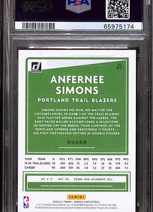 2020 Panini Donruss Anfernee Simons #87 Choice Black Gold PSA 10