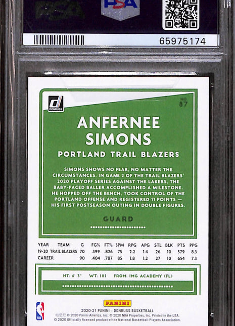 2020 Panini Donruss Anfernee Simons #87 Choice Black Gold PSA 10