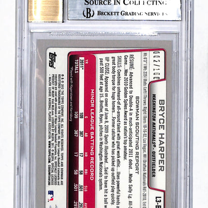 2012 Bowman Lucky Redemption Auto Bryce Harper #L3BH BGS 8.5 Auto 10 /100