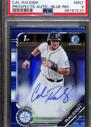 2019 Bowman Chrome Prospects Autographs Cal Raleigh #CPACR Blue Refractor PSA 9