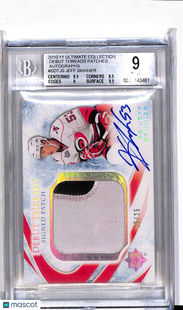 2010 Ultimate Collection Debut Threads Patches Jeff Skinner /25 BGS 9 Auto 10