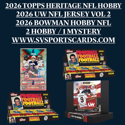 x1 2026 BOWMAN NFL HOBBY / x2 BOXES 2026 TOPPS HERITAGE HOBBY / x1 2026 UNDERWRAPS NFL JERSEY PYT BREAK