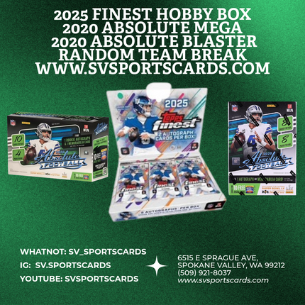 2025 TOPPS FINEST NFL HOBBY BOX / 2020 ABSOLUTE MEGA BOX / 2020 ABSOLUTE BLASTER BOX RANDOM TEAM BREAK