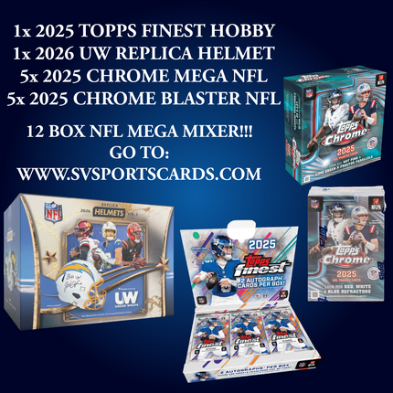 1X 2025 TOPPS FINEST NFL HOBBY / 1X 2026 UW REPLICA HELMET MYSTERY BOX / 5X 2025 TOPPS CHROME NFL BLASTER / 5X 2025 TOPPS CHROME NFL MEGA PYT BREAK