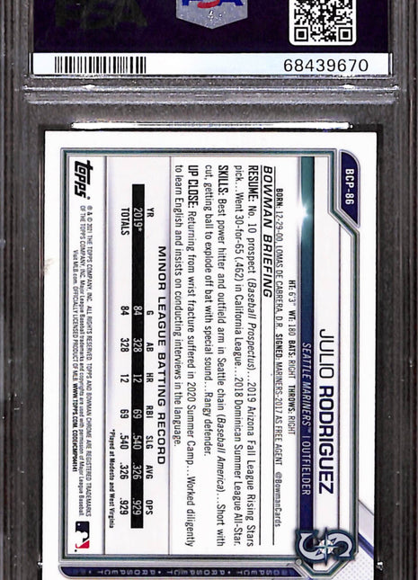 2021 Bowman Chrome Prospects Julio Rodriguez #BCP86 Atomic Refractor PSA 9