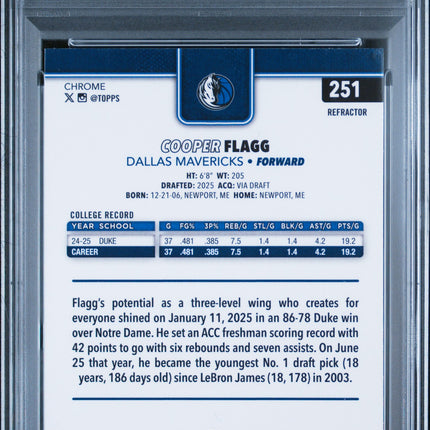 2025 Topps Chrome Cooper Flagg #251 Refractor PSA 9