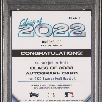 2022 Bowman Draft Class Of 2022 Brooks Lee #C22ABL Red Refractor PSA 10 Auto /5