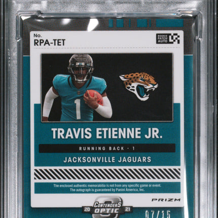2021 Contenders Optic Rc Patch Auto Travis Etienne Green Pulsar PSA 9 Auto /15