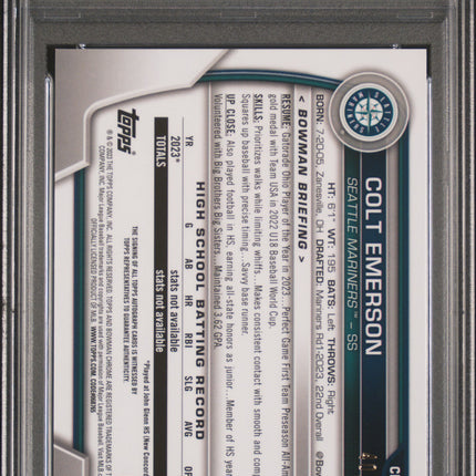 2023 Bowman Draft Chrome Colt Emerson #CDACE Black Refractor /75 PSA 9 Auto