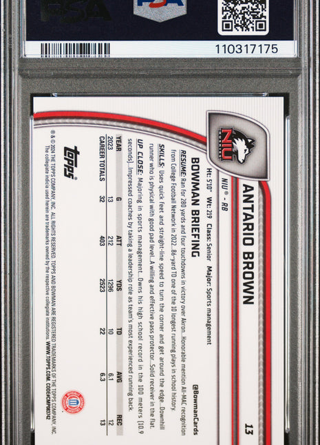 2024 Bowman University Chrome Antario Brown #13 Red Refractor PSA 10