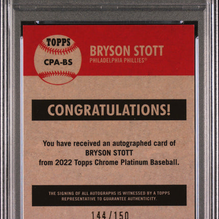 2022 Topps Chrome Platinum Bryson Stott #BS Aqua Refractor PSA 9 Auto /150