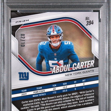 2025 Panini Prizm Abdul Carter #394 Gold Shimmer 2/10 PSA 10