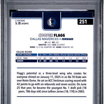 2025 Topps Chrome Cooper Flagg #251 Basketball Refractor PSA 10