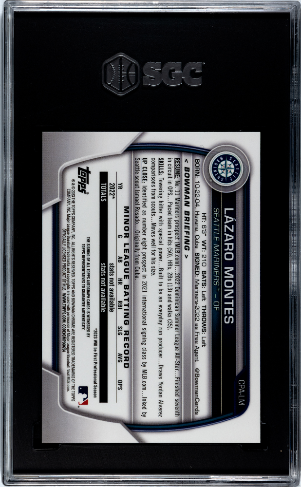 2023 Bowman Chrome Lazaro Montes #CPALM Blue Lunar Refractor SGC 10 Auto 10 /150