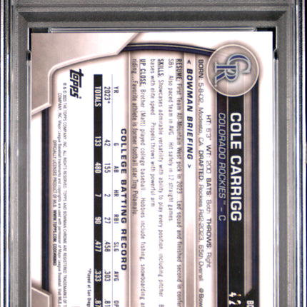 2023 Bowman Draft Sapphire Edition Cole Carrigg #BDC151 Gold /50 PSA 9