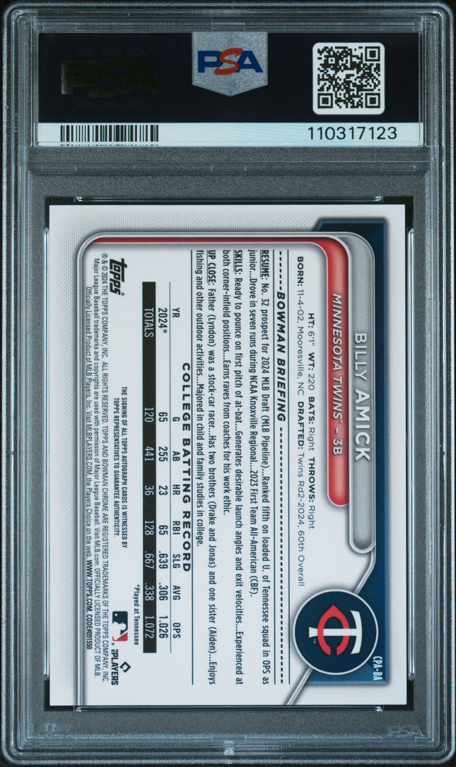 2024 Bowman Draft Chrome Auto Billy Amick #CPABA Blue Refractor /150 PSA 9