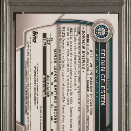 2023 Bowman Chrome Prospect Felnin Celesten #CPAFC Refractor /499 PSA 10 Auto
