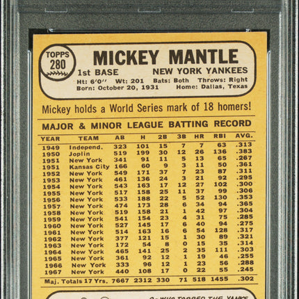 1968 Topps Mickey Mantle #280 PSA 3