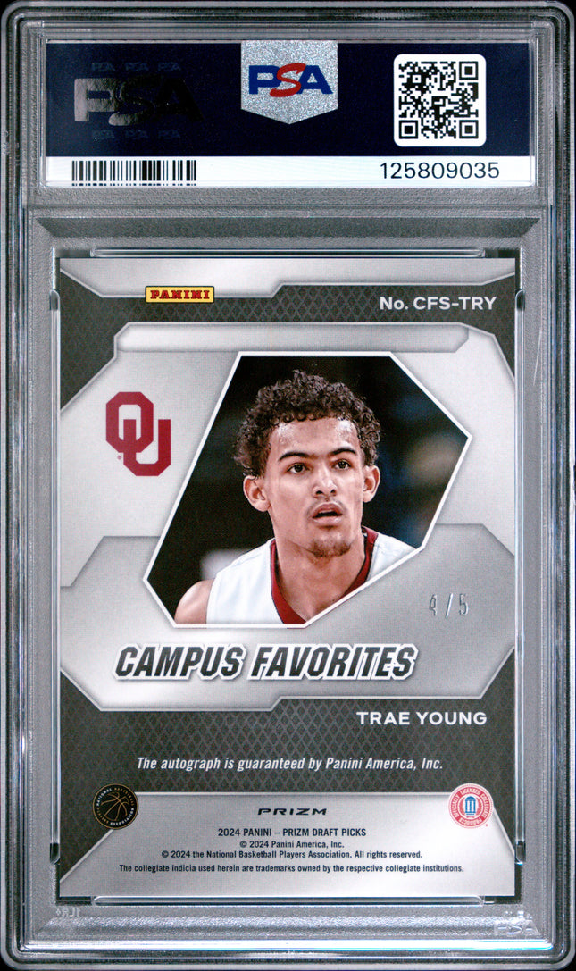 2024 Panini Prizm Campus Favorites Trae Young #CFSTRY Black Gold Auto /5 PSA 10