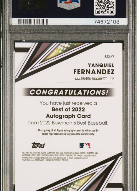 2022 Bowman's Best Best Of 2022 Auto Yanquiel Fernandez Gold Lava /75 PSA 8