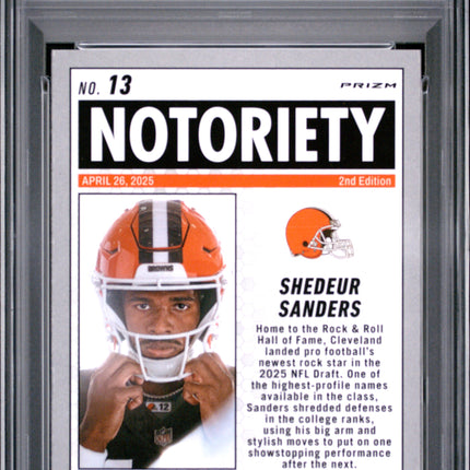 2025 Panini Mosaic Notoriety Shedeur Sanders #13 Org Fluorescent PSA 10