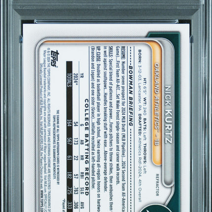 2024 Bowman Draft Chrome Nick Kurtz #CPANK Refractor 112/499 PSA 7 Auto 10