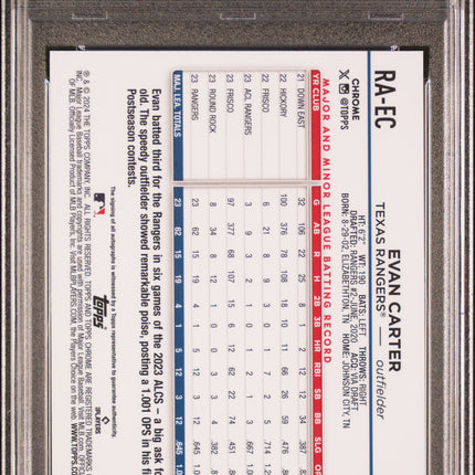 2024 Topps Chrome Rookie Evan Carter #RAEC Purple Speckle /299 PSA 9 Auto