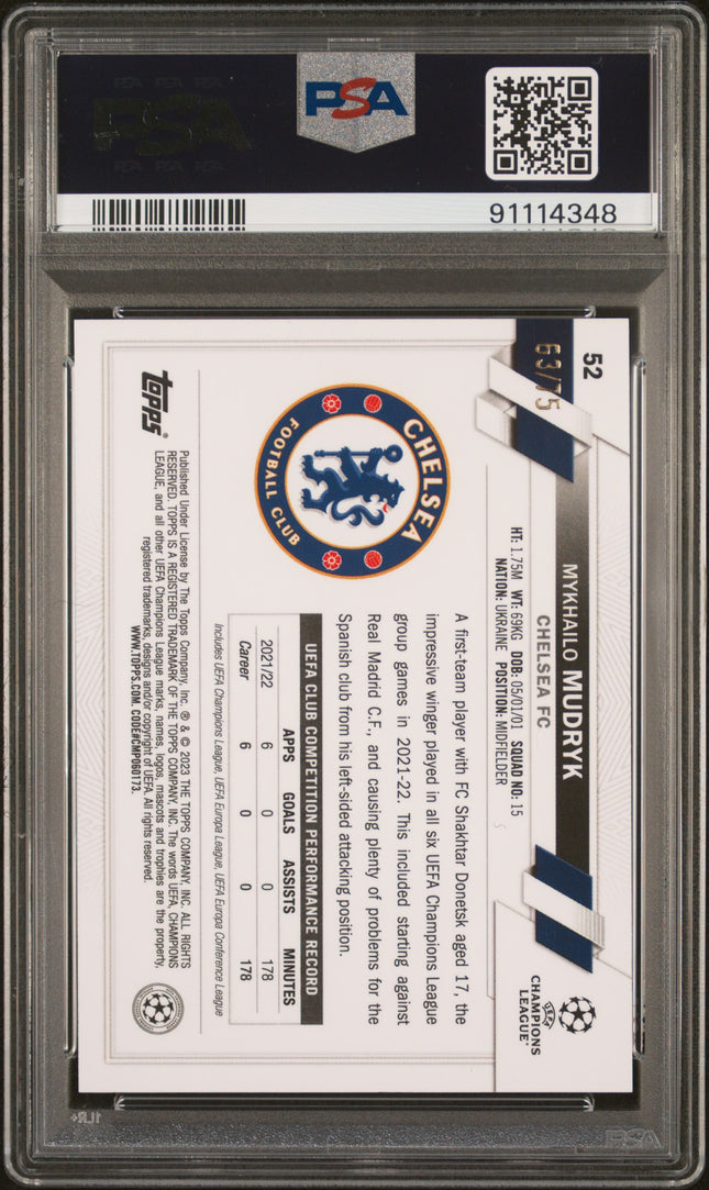 2022-23 Topps Chrome UEFA Mykhailo Mudryk #52 Blue & Gold Seismic Ref PSA 10