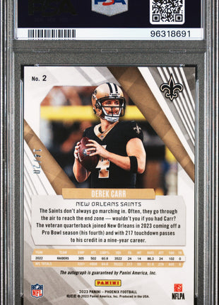 2023 Panini Phoenix Orange Auto /20 Derek Carr #2 PSA 10