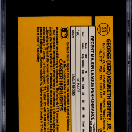 1989 Donruss Ken Griffey JR. #33 SGC 8