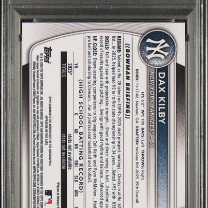 2025 Bowman Chrome Dax Kilby #CPA-DK Yellow 46/75 PSA 9 Auto