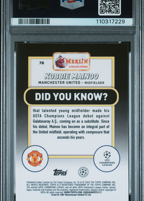 2023-24 Topps Merlin UEFA Club Competitions Kobbie Mainoo #78 Gold Atomic PSA 10