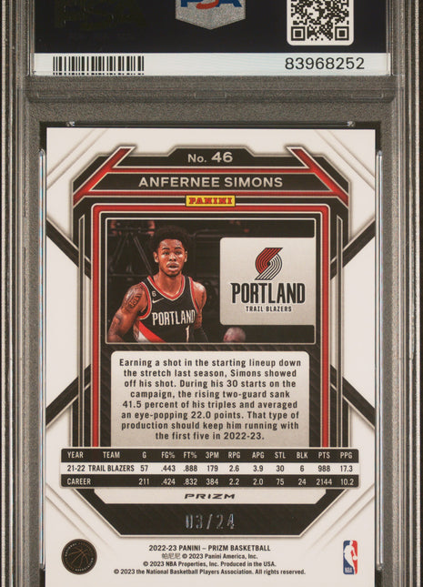 2022 Panini Prizm Anfernee Simons #46 PSA 10