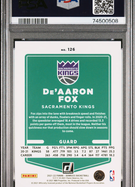2021 Panini Donruss De’Aaron Fox #126 Black Gold Choice PSA 10