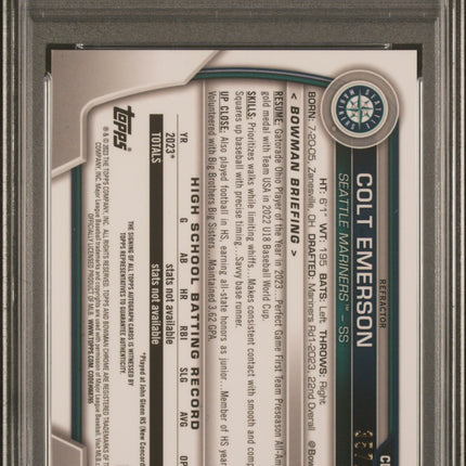 2023 Bowman Draft Chrome Colt Emerson #CDACE Refractor /499 PSA 9 Auto