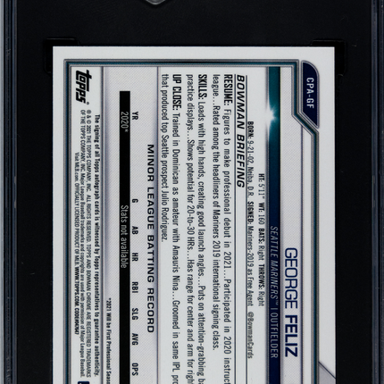 2021 Bowman Chrome George Feliz #CPA-GF Atomic Refractor /100 SGC 10 Auto 10