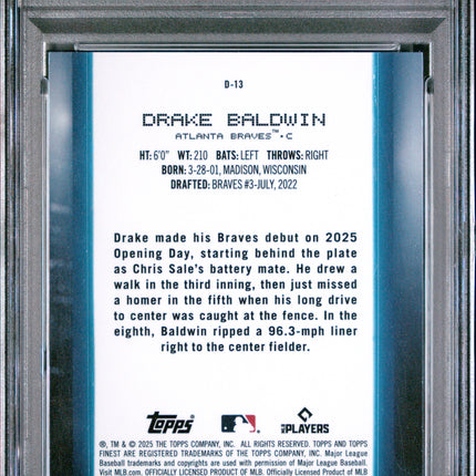 2025 Topps Finest Debut Drake Baldwin #D13 Blue Refractor 31/99 PSA 10