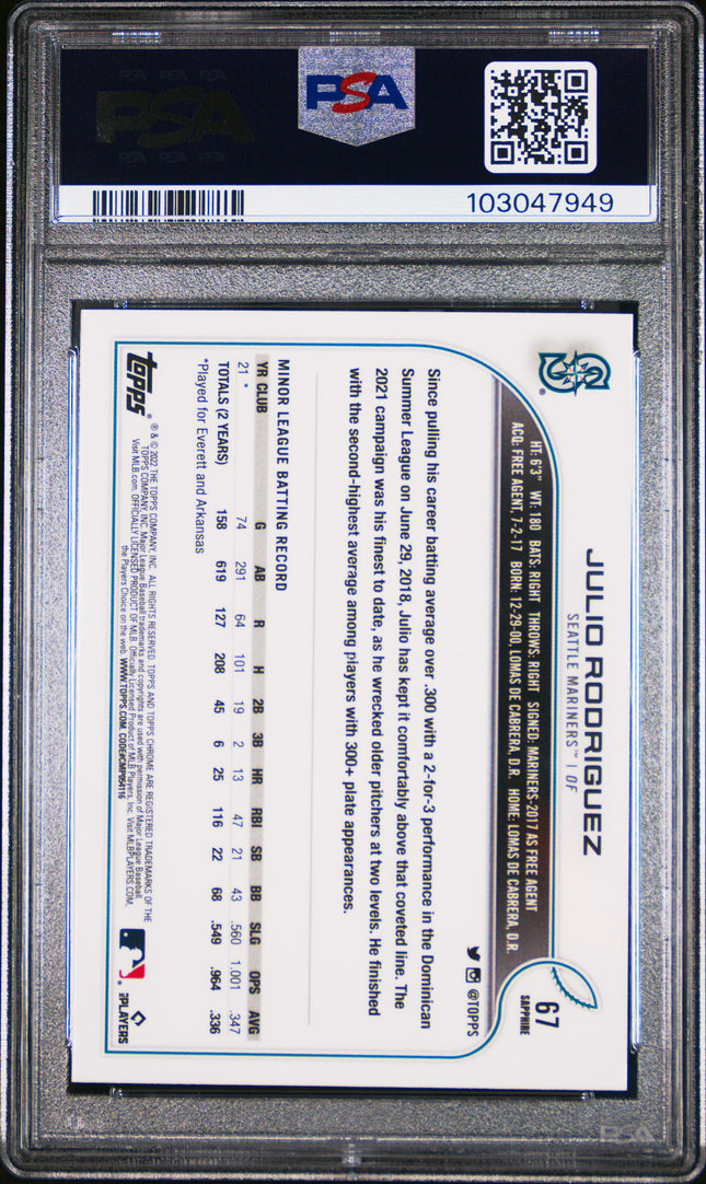 2022 Topps Chrome Sapphire Edition Julio Rodriguez #67 PSA 10