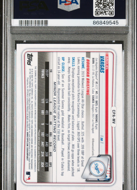 2020 Bowman Chrome Miguel Vargas #CPAMV Auto Speckle Refractor PSA 10 /299