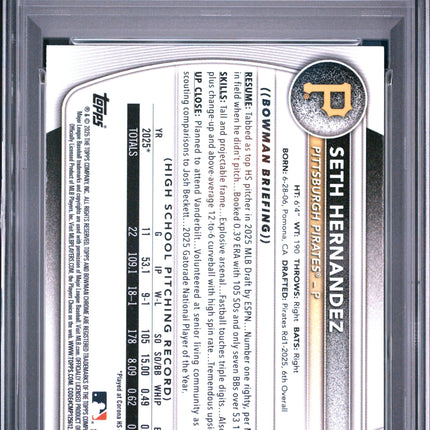 2025 Bowman Draft Seth Hernandez #BDC-25 Chrome PSA 8