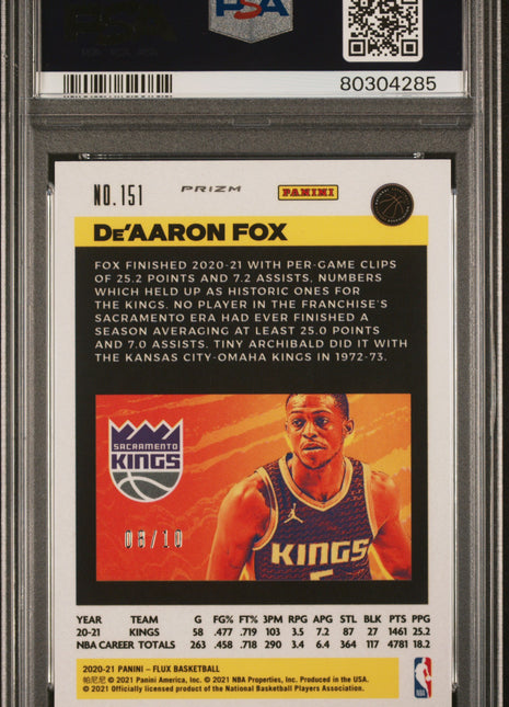 2020 Panini Flux De'aaron Fox #151 Gold PSA 10