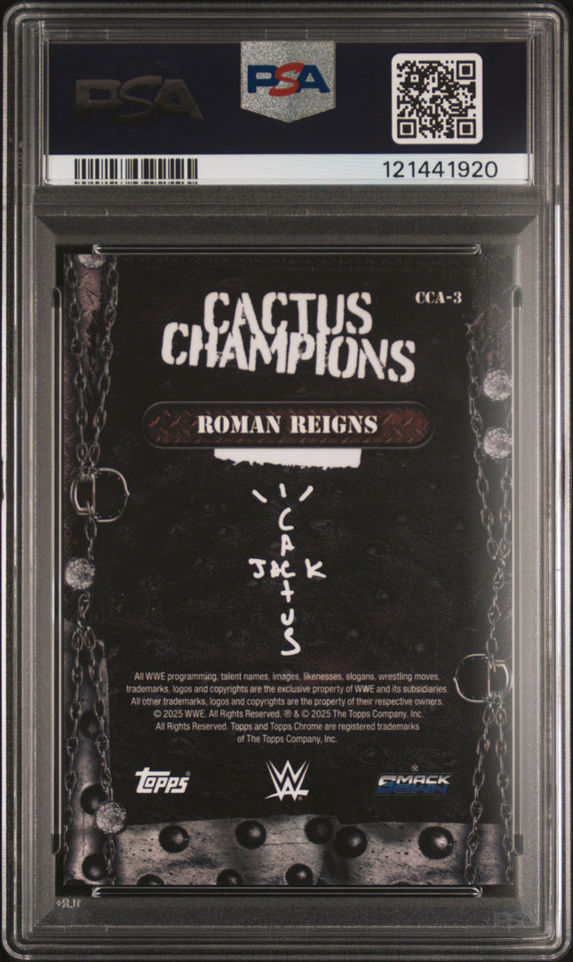 2025 Topps Chrome WWE Cactus Jack Champions Roman Reigns #CCA3 Red Ref 2/5 PSA 9
