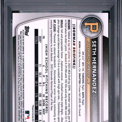 2025 Bowman Draft Seth Hernandez #BDC-25 Chrome Black Refractor 10/10 PSA 9
