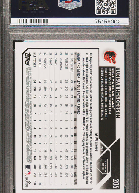 2023 Topps Gunnar Henderson #206 Gold Foil PSA 10