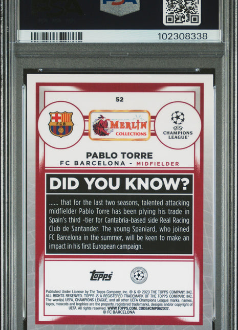 2022-23 Topps Merlin Chrome UEFA Club Pablo Torre #52 Gold Refractor /50 PSA 9