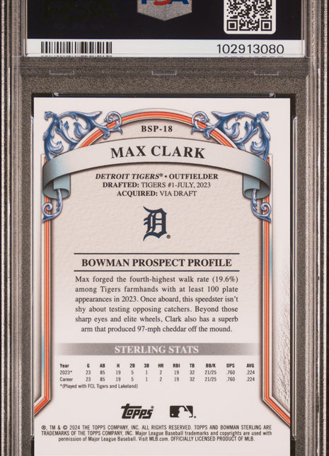 2024 Bowman Sterling Prospects Max Clark #BSP18 Red SS Refractor PSA 10