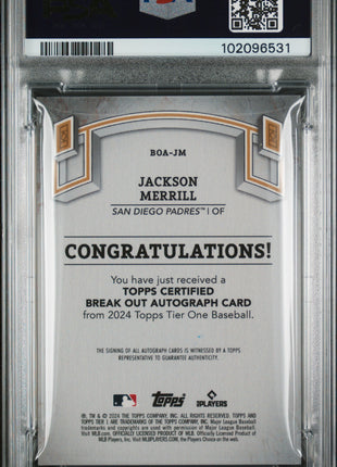 2024 Topps Tier One Break Out Auto Jackson Merrill Green Foil 35/49 PSA 10