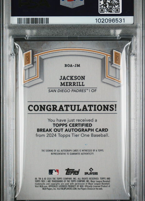 2024 Topps Tier One Break Out Auto Jackson Merrill Green Foil 35/49 PSA 10