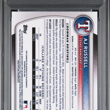 2025 Bowman Draft Chrome Prospect Auto Aj Russell #CPA-AR Gum Ball 2/5 PSA 10